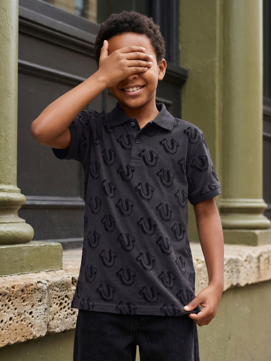 True Religion Boys Black Printed Regular Fit Pure Cotton Polo T-Shirt
