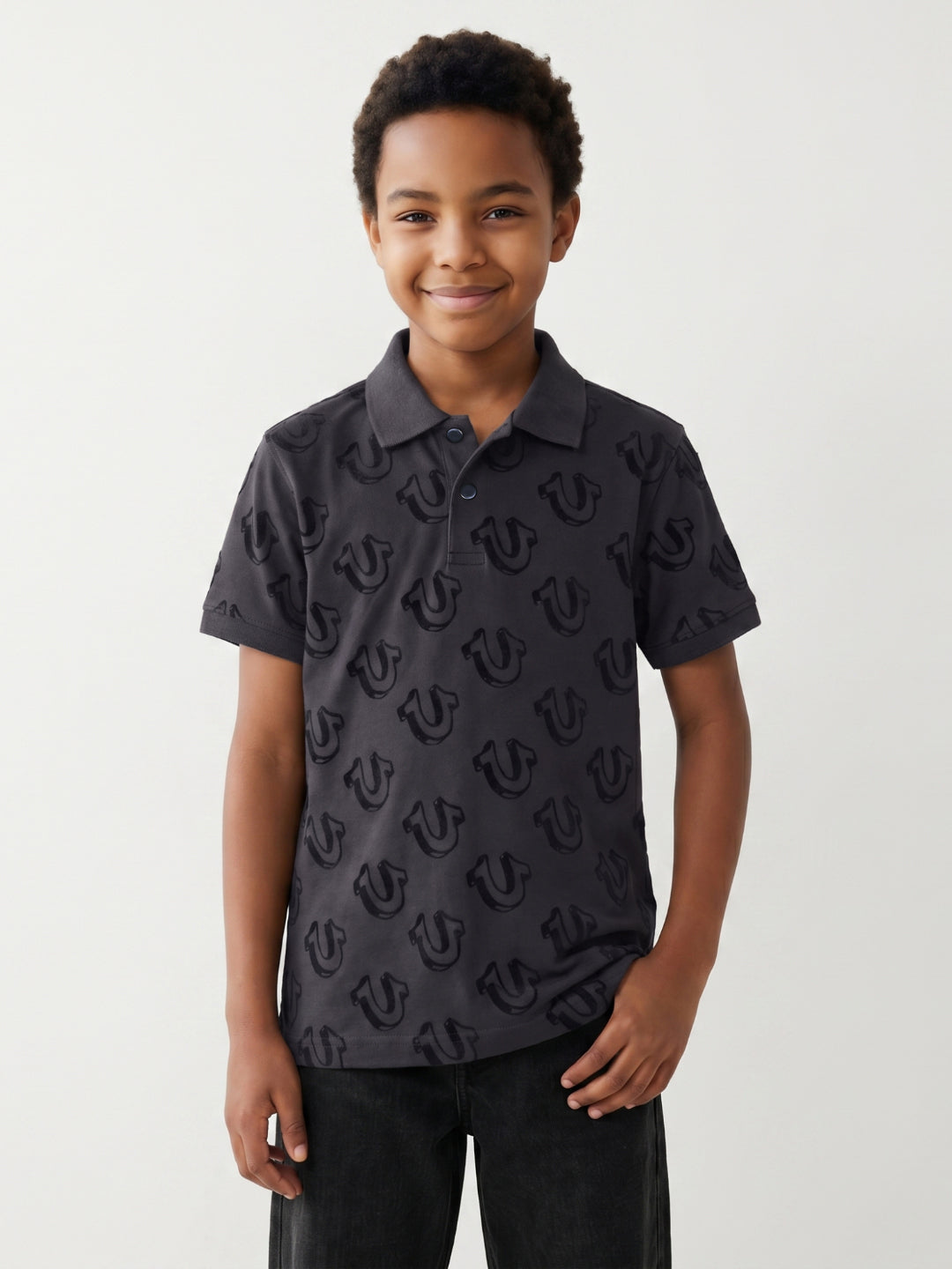 True Religion Boys Black Printed Regular Fit Pure Cotton Polo T-Shirt