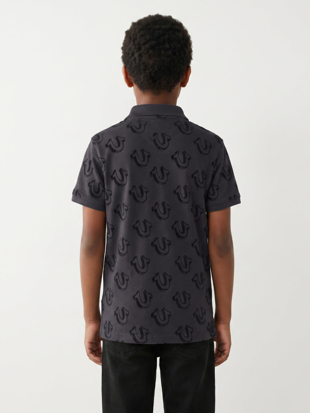 True Religion Boys Black Printed Regular Fit Pure Cotton Polo T-Shirt