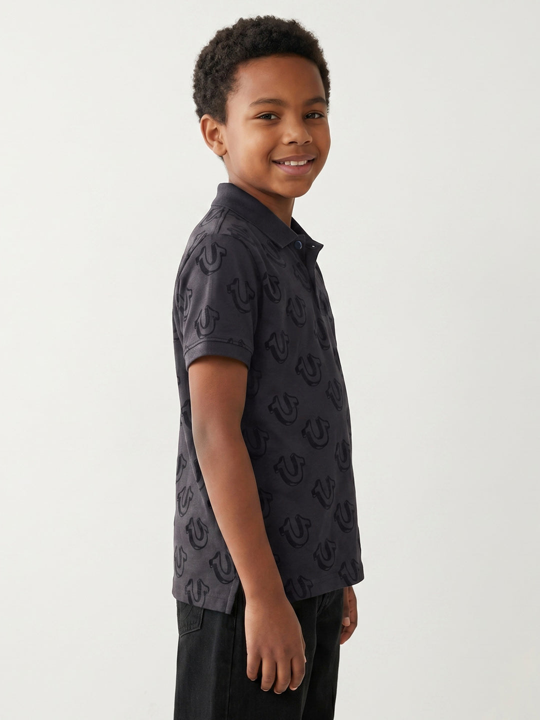 True Religion Boys Black Printed Regular Fit Pure Cotton Polo T-Shirt