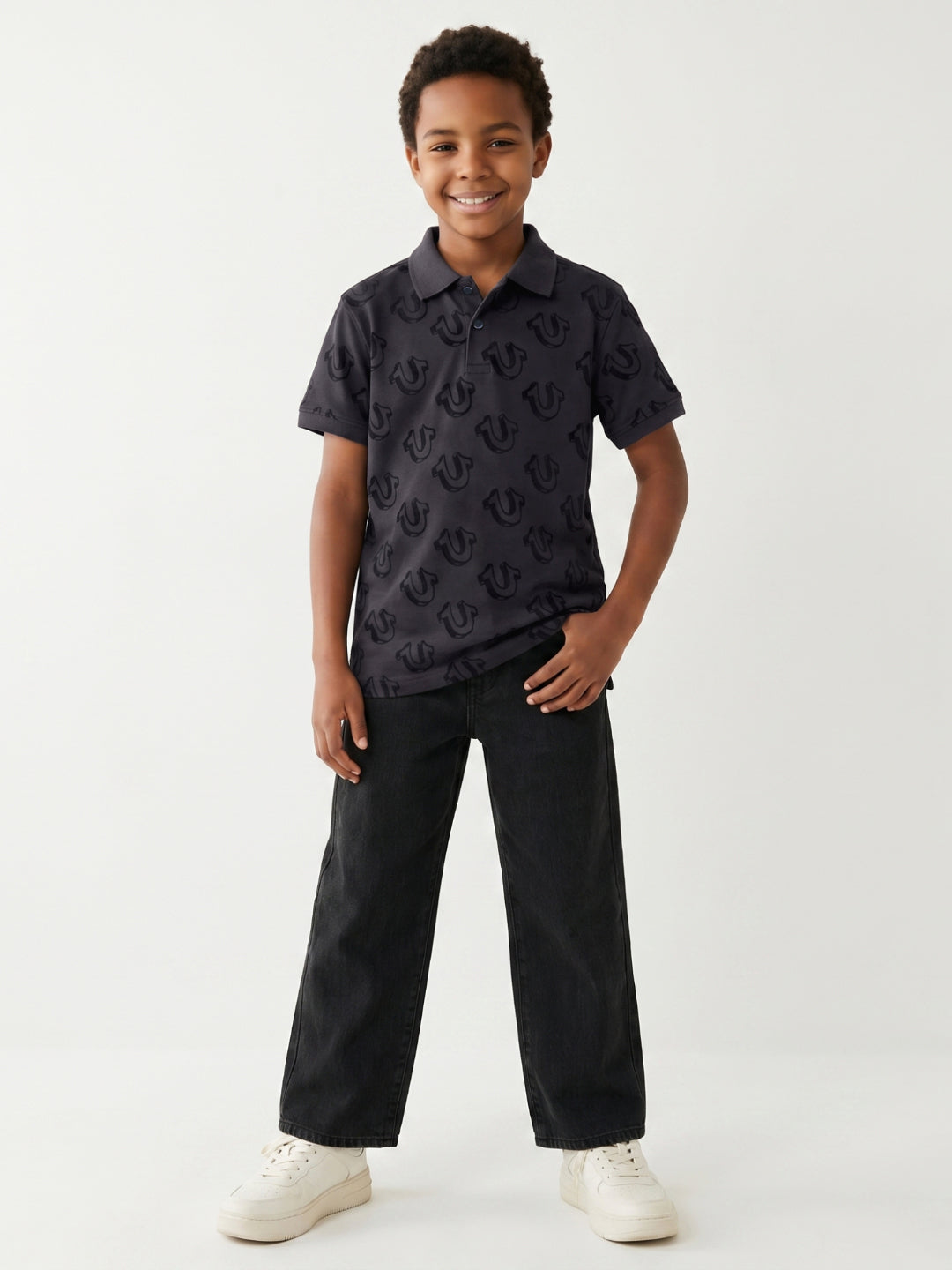 True Religion Boys Black Printed Regular Fit Pure Cotton Polo T-Shirt