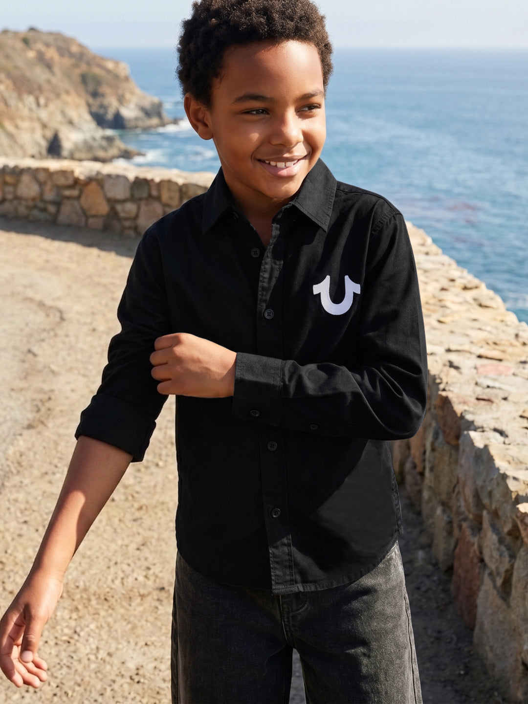 True Religion Boys Black Solid Regular Fit Pure Cotton Shirt