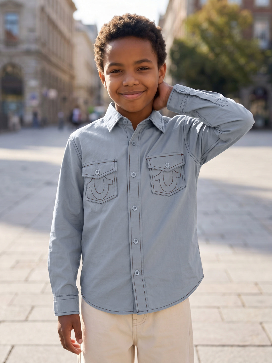 True Religion Blue Cotton Solid Boys Regular Fit Shirt