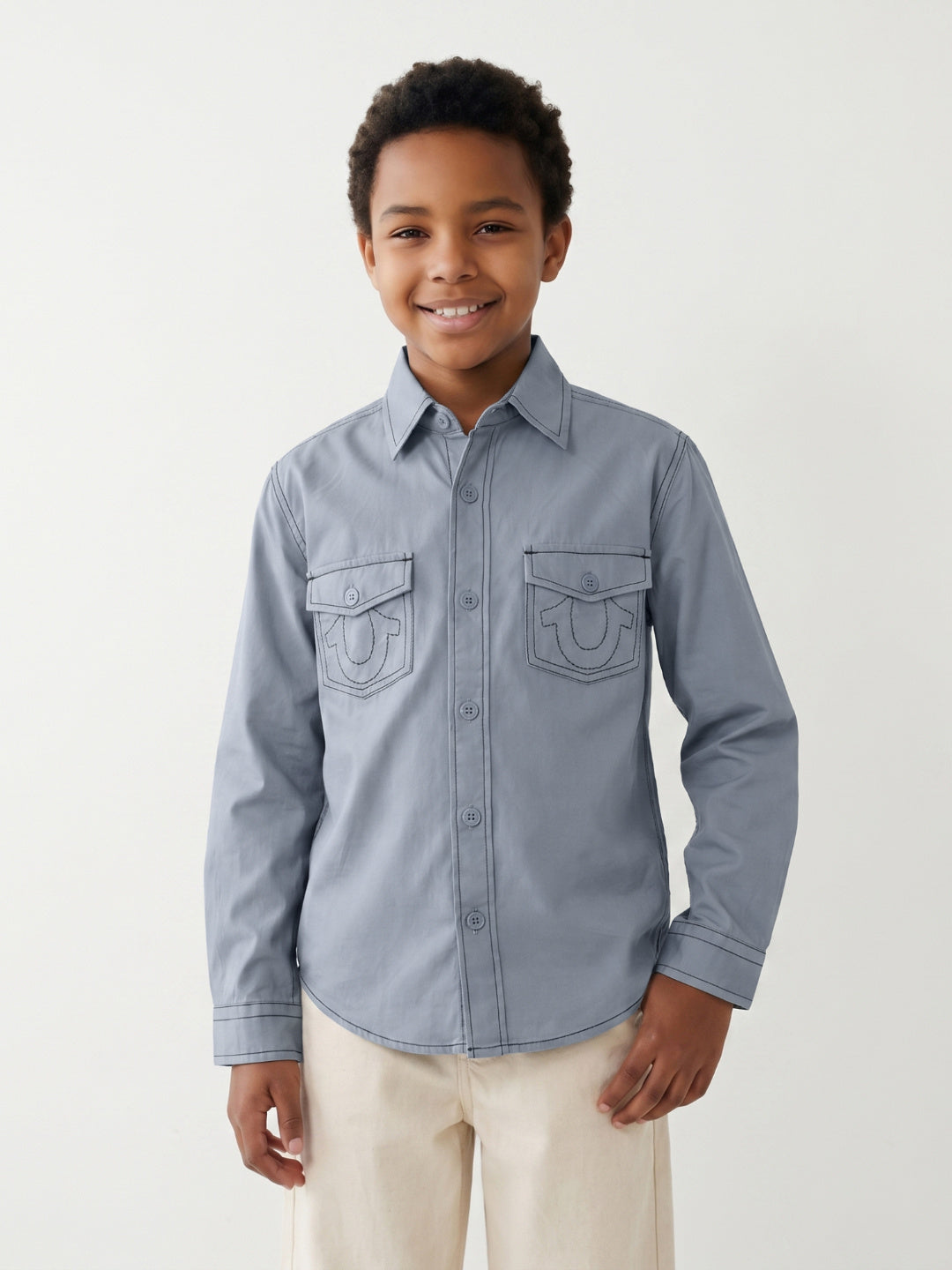 True Religion Blue Cotton Solid Boys Regular Fit Shirt
