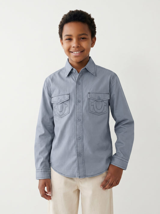 True Religion Blue Cotton Solid Boys Regular Fit Shirt