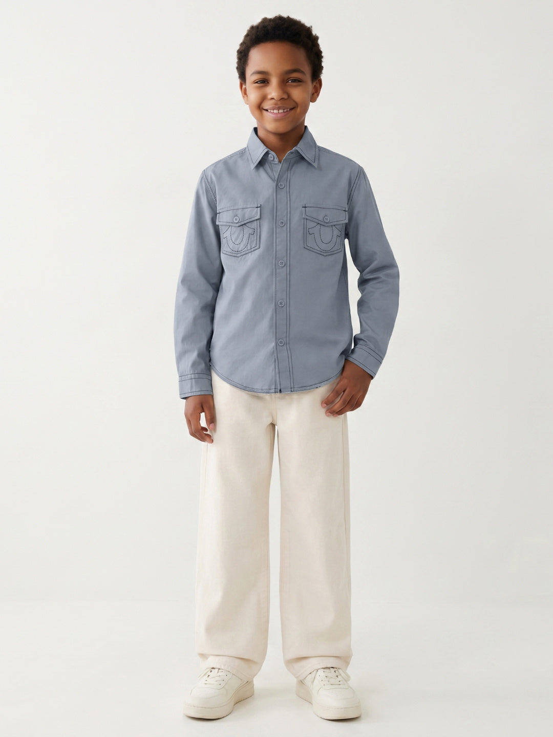 True Religion Blue Cotton Solid Boys Regular Fit Shirt
