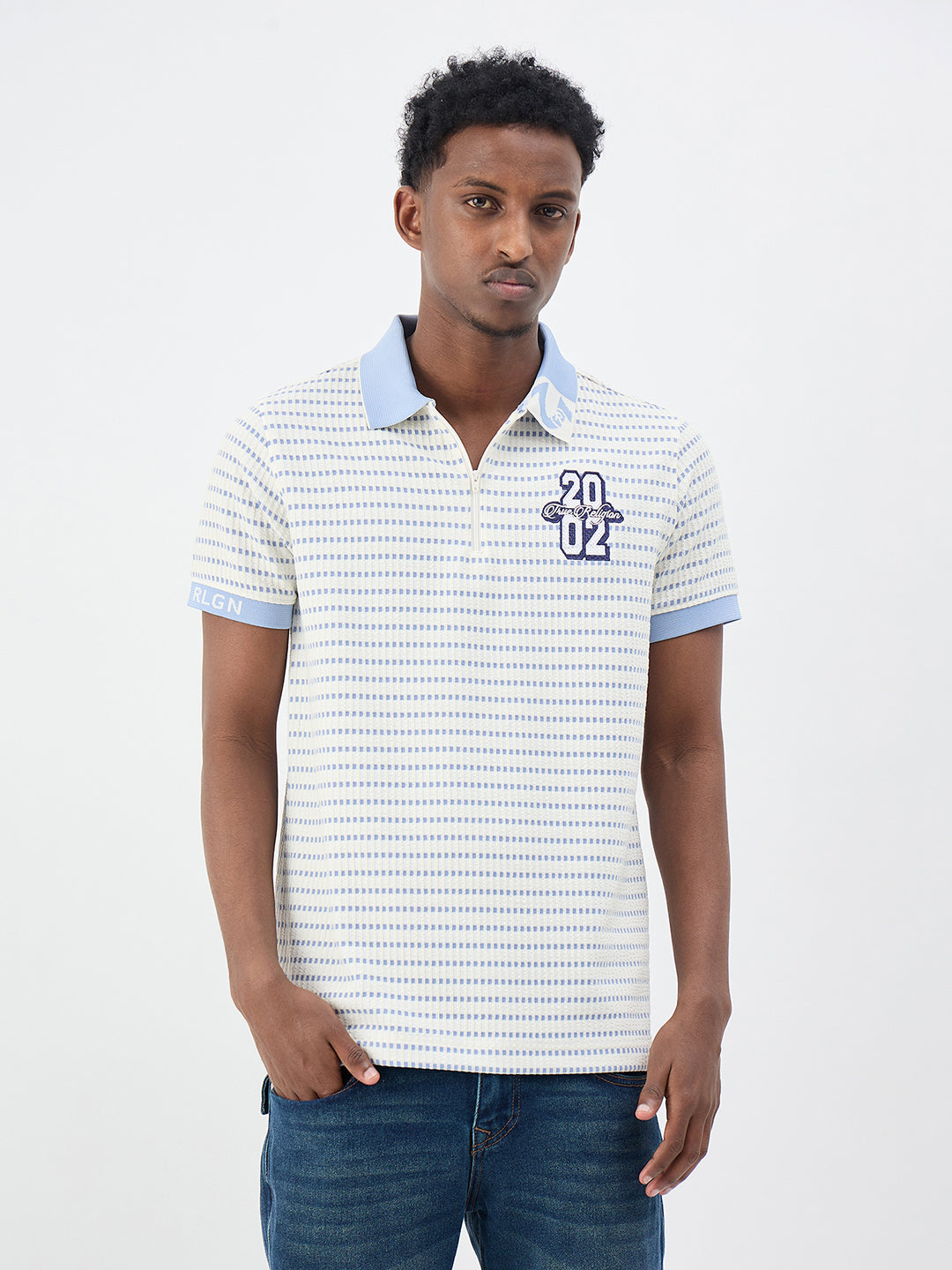 True Religion Men Woven Design White Polo T-Shirt