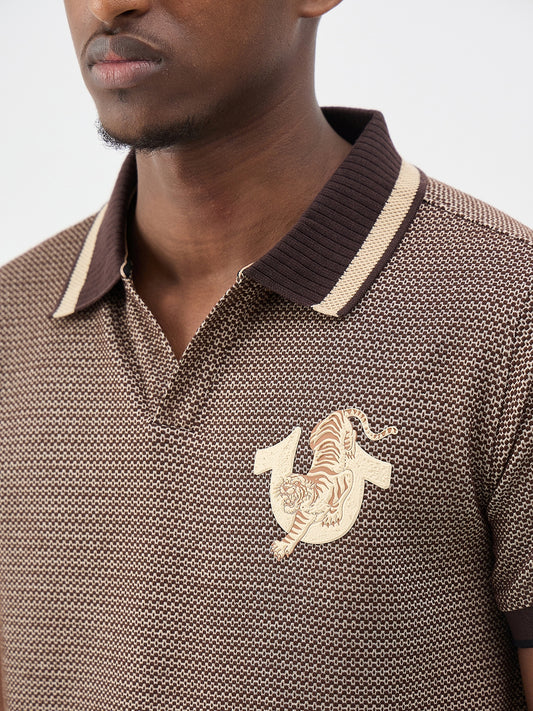 True Religion Men Woven Design Brown Polo T-Shirt
