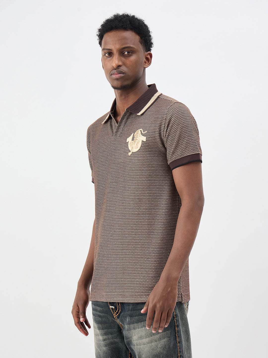 True Religion Men Woven Design Brown Polo T-Shirt