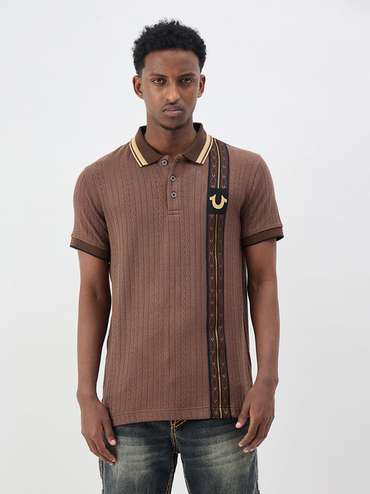 True Religion Men Woven Design Brown Polo T-Shirt