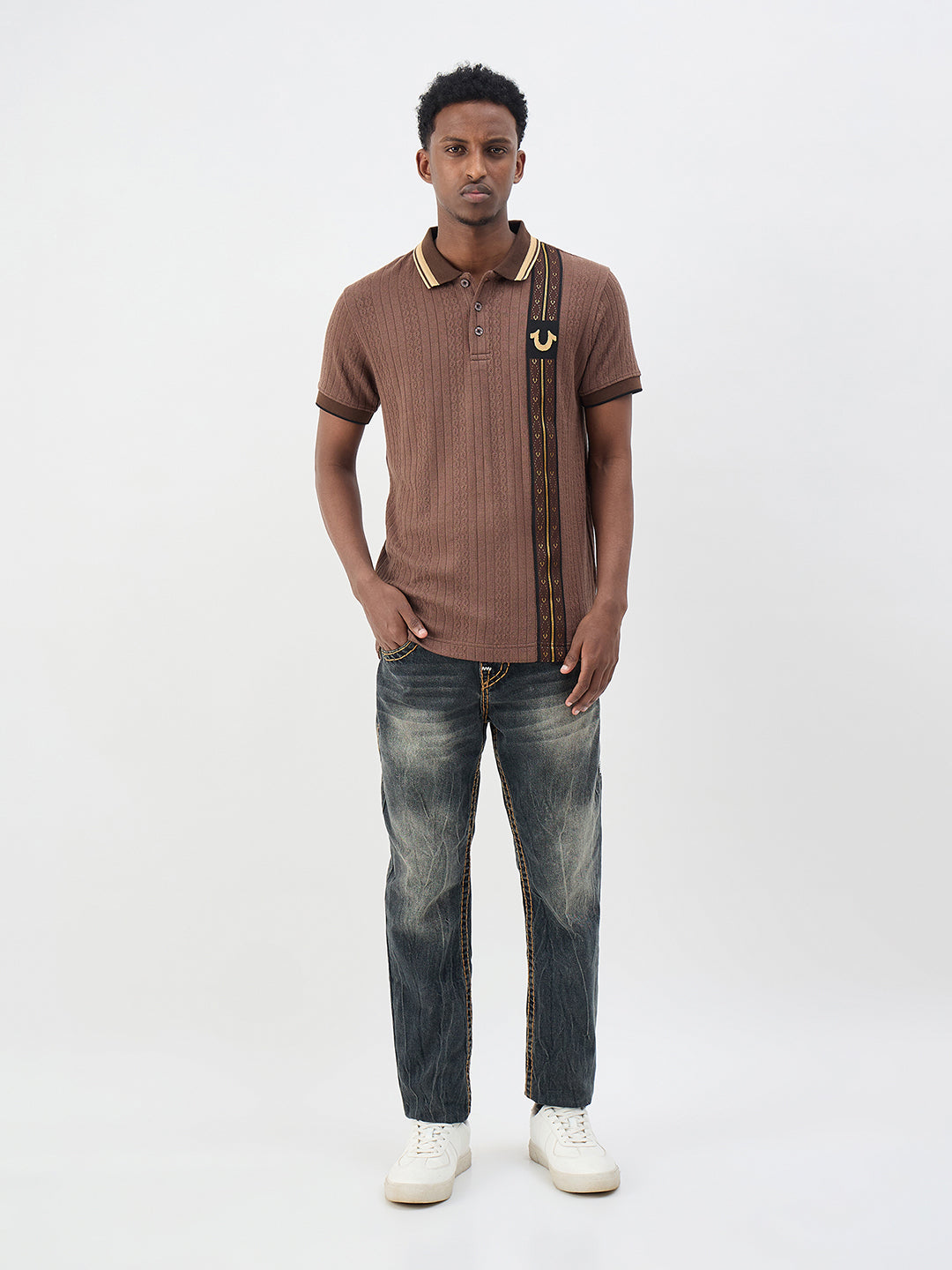 True Religion Men Woven Design Brown Polo T-Shirt