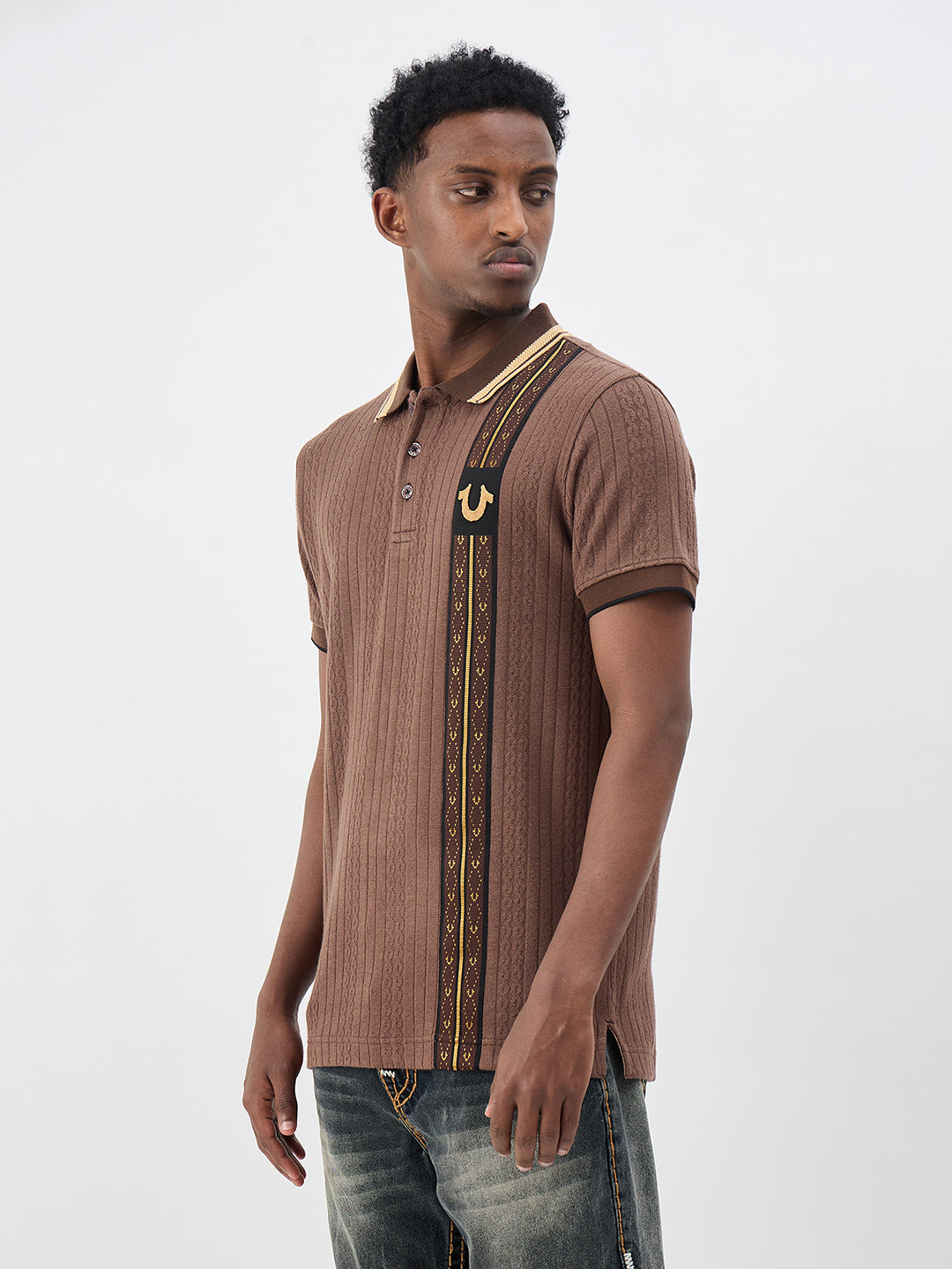 True Religion Men Woven Design Brown Polo T-Shirt