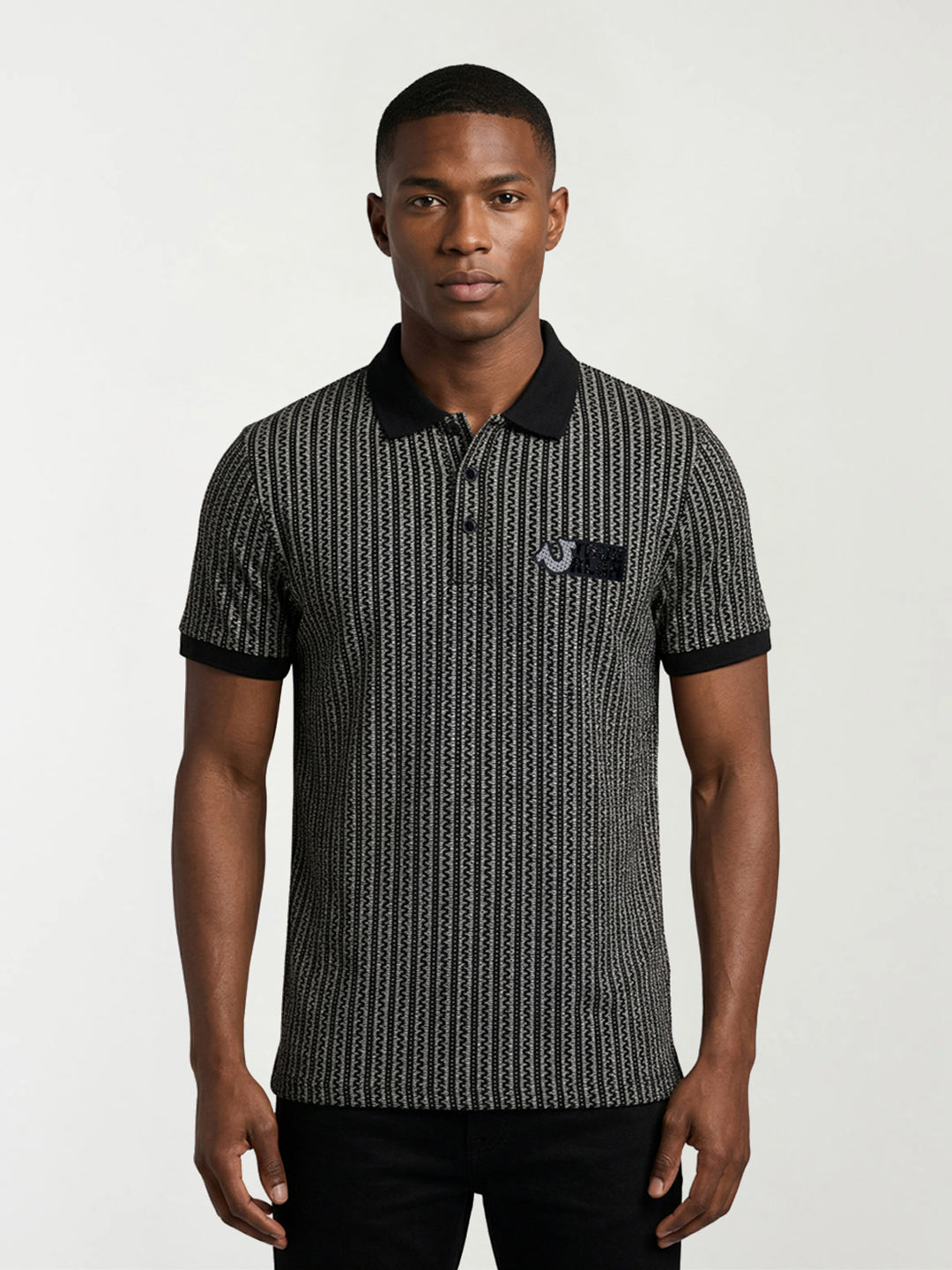 True Religion Men Black Abstract Regular Fit Polo T-Shirt