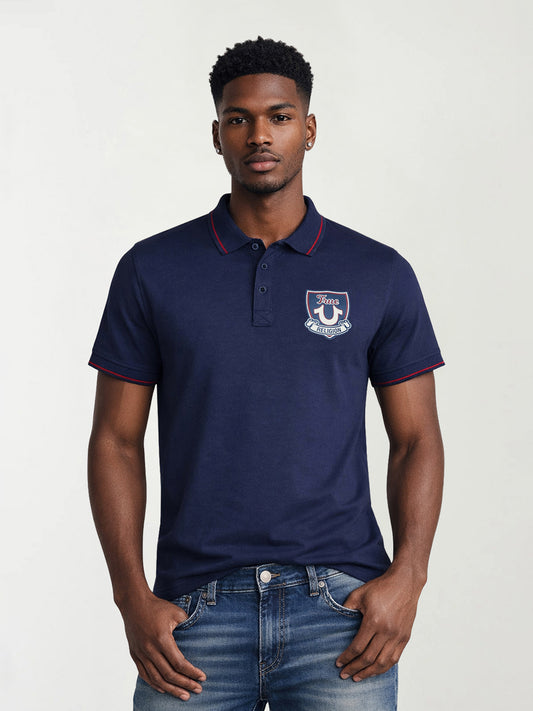 True Religion Men Navy Blue Solid Regular Fit Pure Cotton Polo T-Shirt