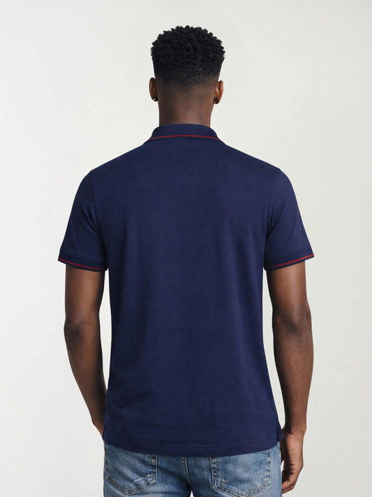 True Religion Men Navy Blue Solid Regular Fit Pure Cotton Polo T-Shirt