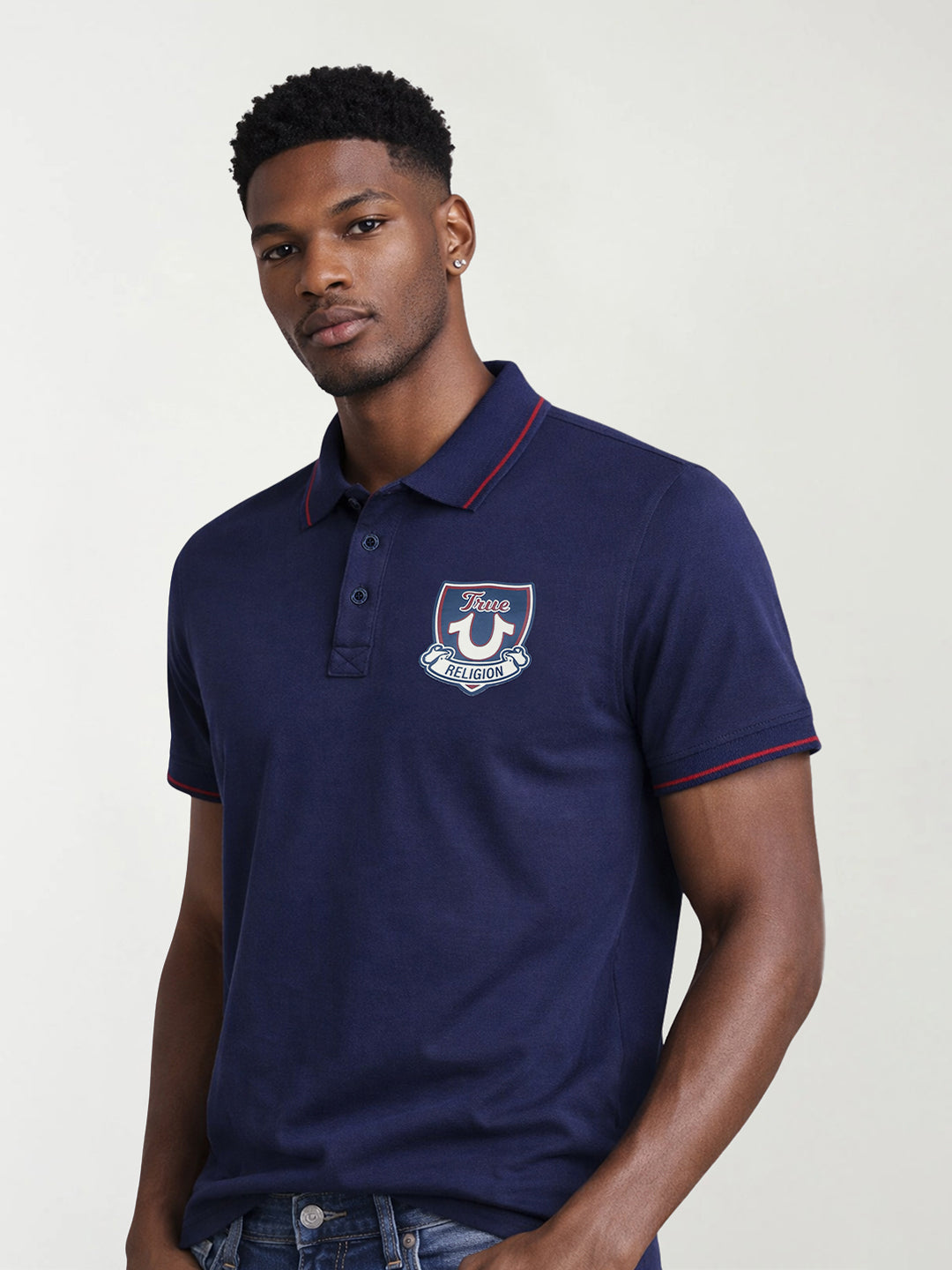 True Religion Men Navy Blue Solid Regular Fit Pure Cotton Polo T-Shirt