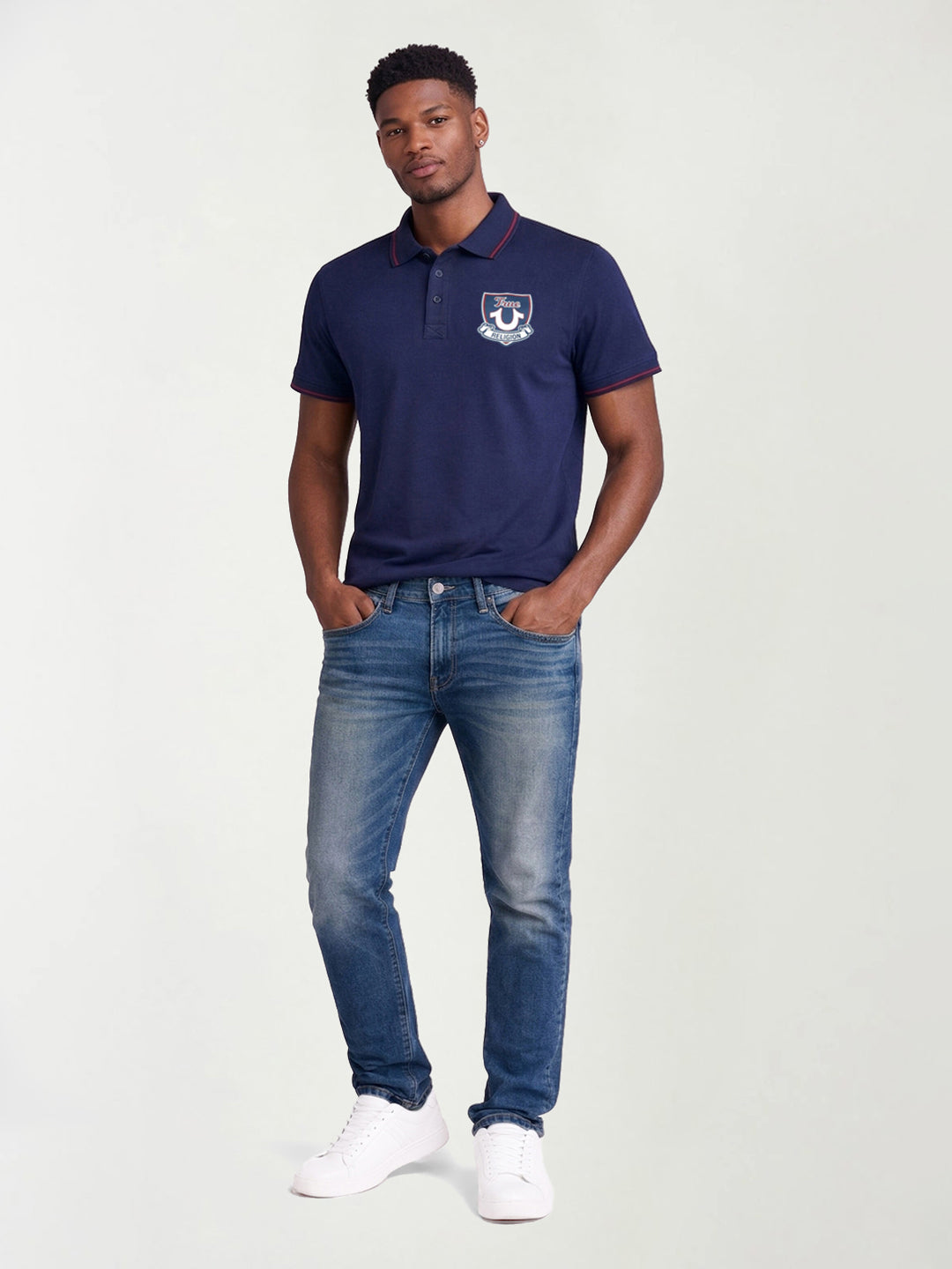 True Religion Men Navy Blue Solid Regular Fit Pure Cotton Polo T-Shirt