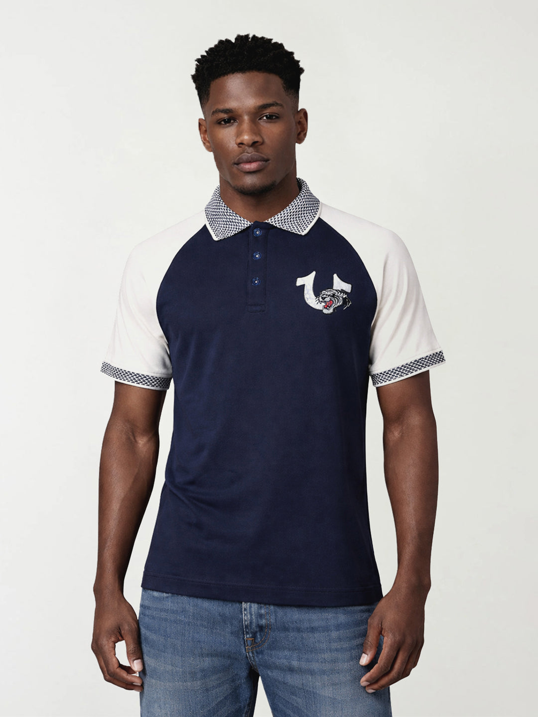 True Religion Men Navy Blue Solid Regular Fit Polo T-Shirt