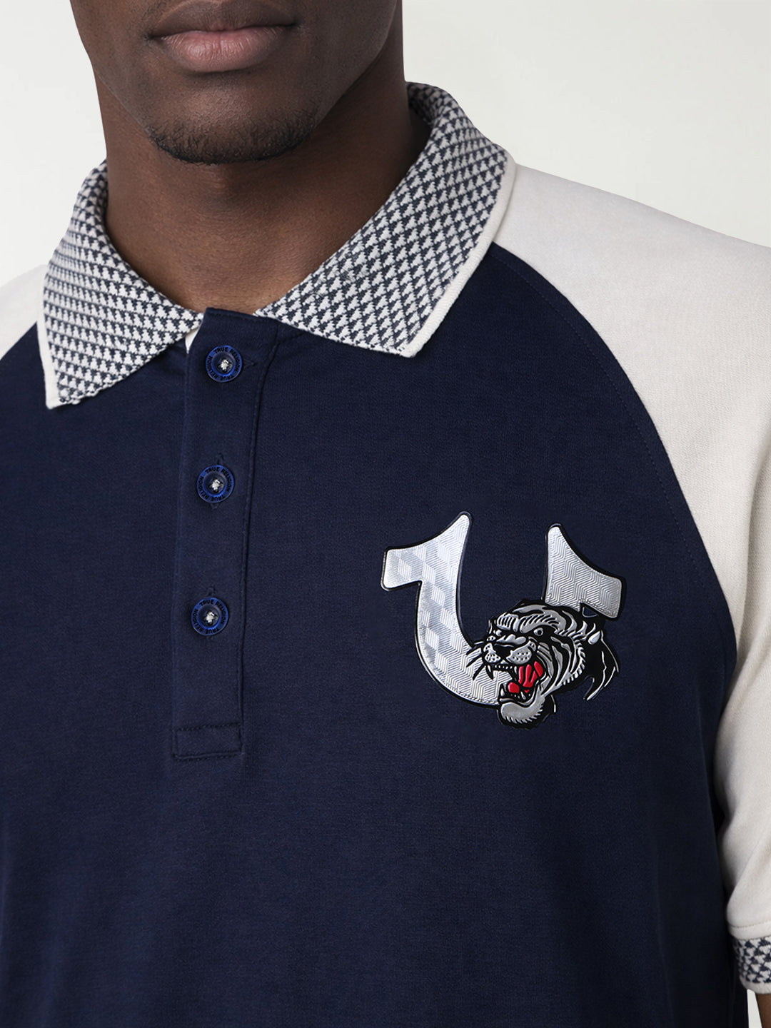 True Religion Men Navy Blue Solid Regular Fit Polo T-Shirt
