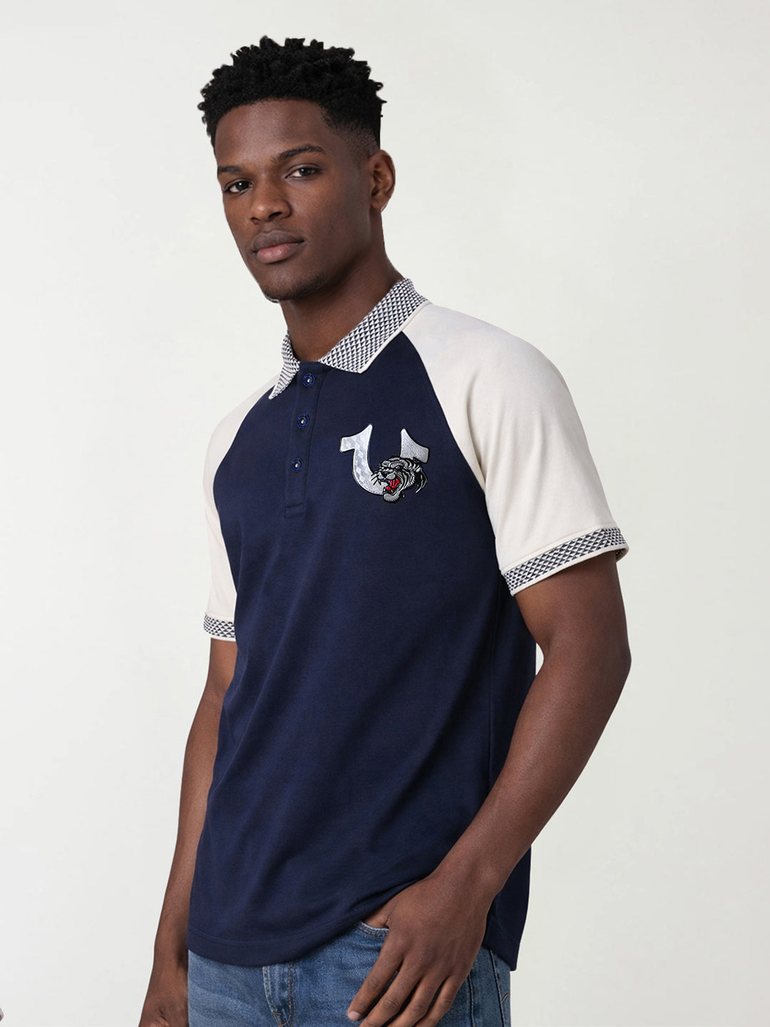 True Religion Men Navy Blue Solid Regular Fit Polo T-Shirt