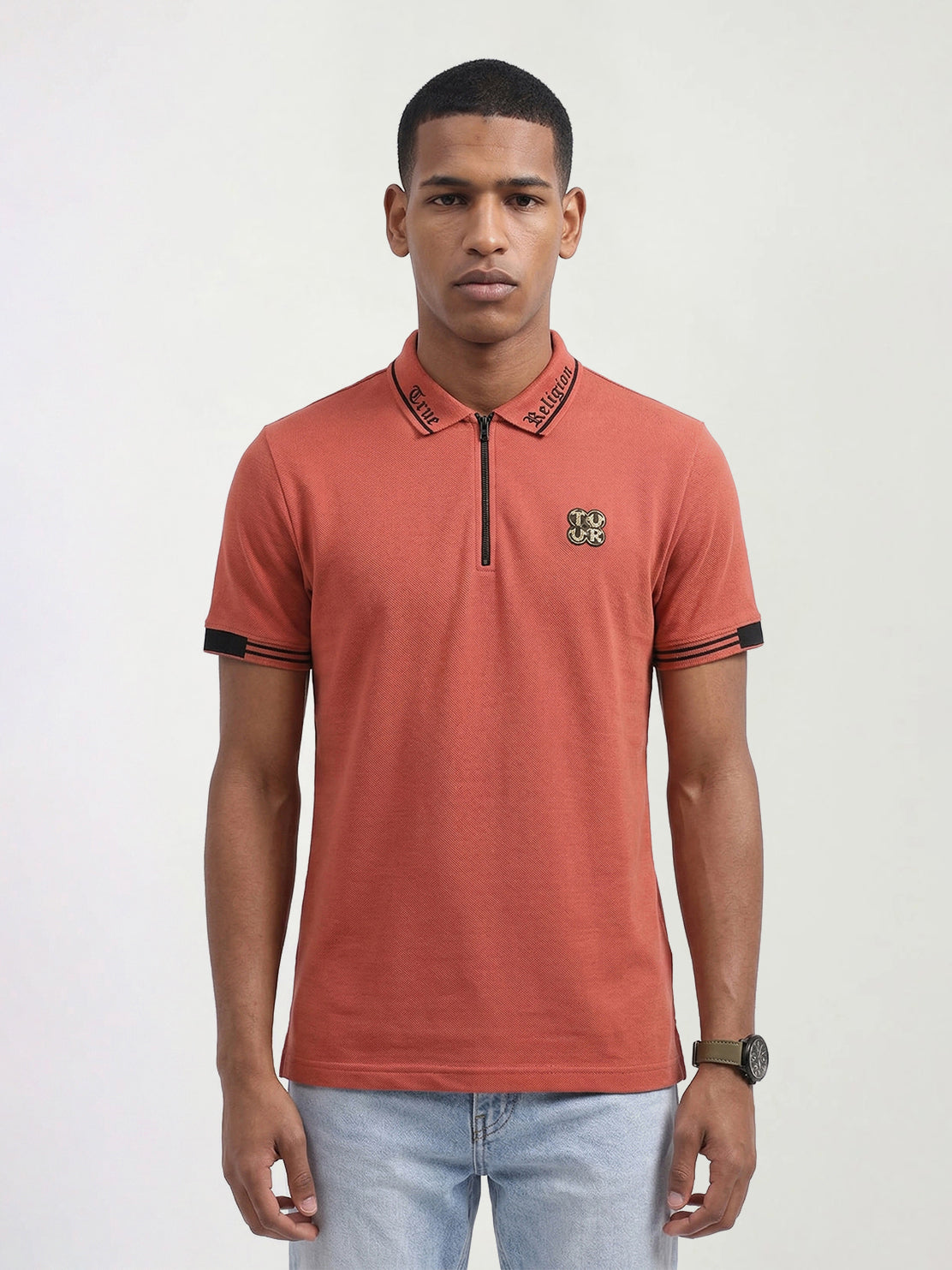 True Religion Men Orange Solid Regular Fit Polo T-Shirt