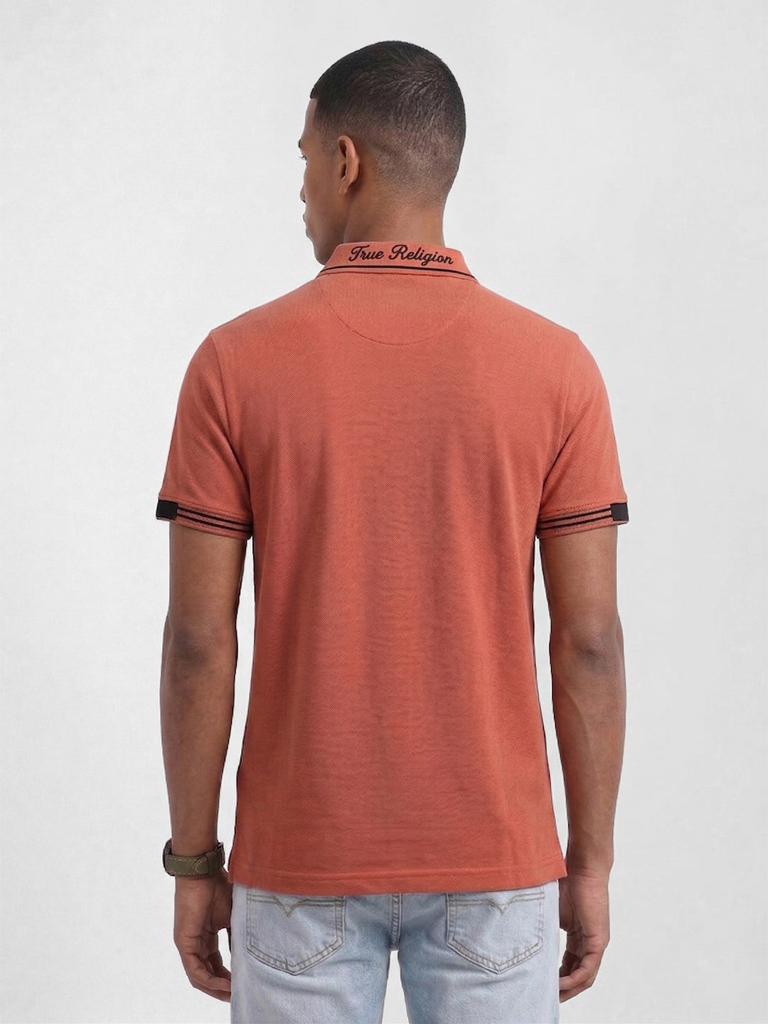 True Religion Men Orange Solid Regular Fit Polo T-Shirt