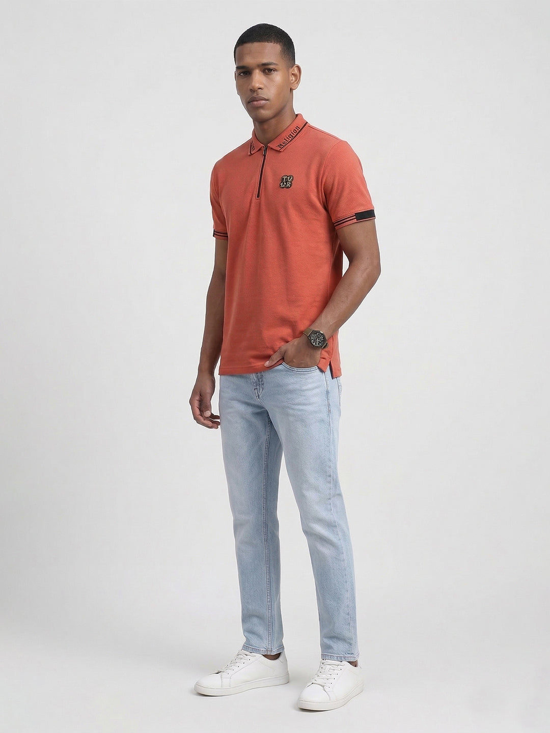 True Religion Men Orange Solid Regular Fit Polo T-Shirt