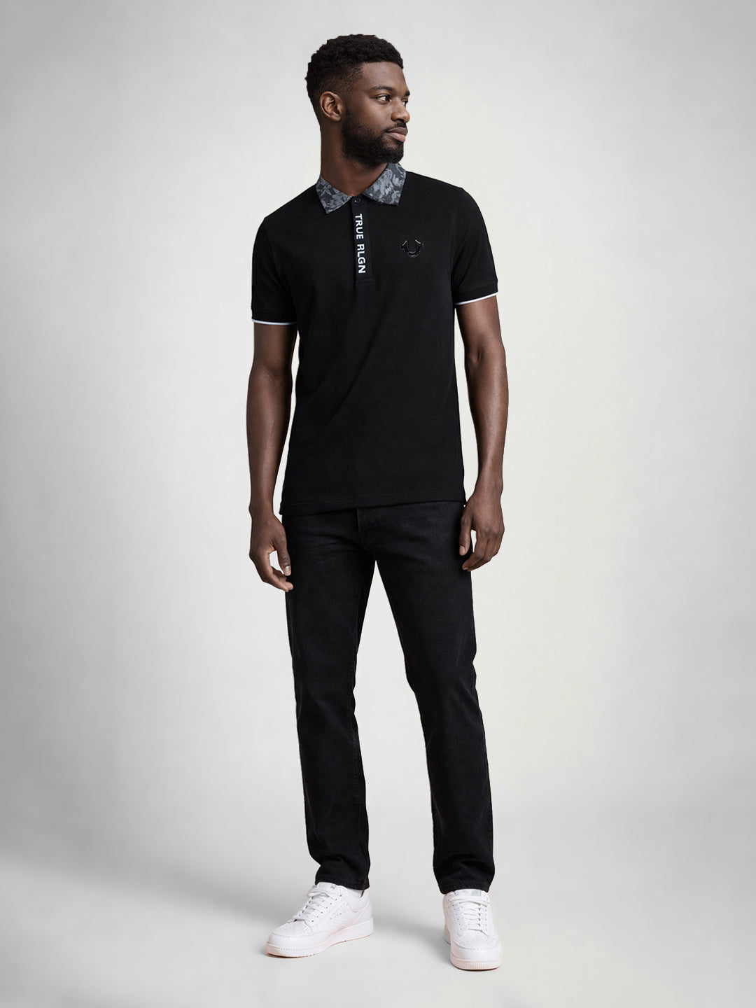 True Religion Men Black Solid Polo T-Shirt