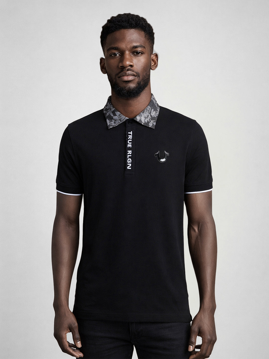 True Religion Men Black Solid Polo T-Shirt