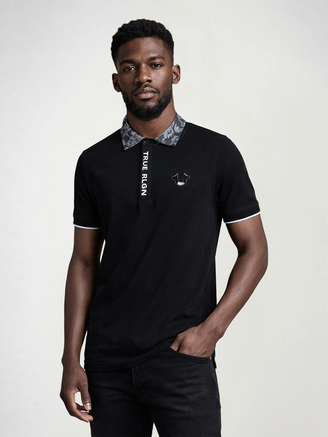 True Religion Men Black Solid Polo T-Shirt