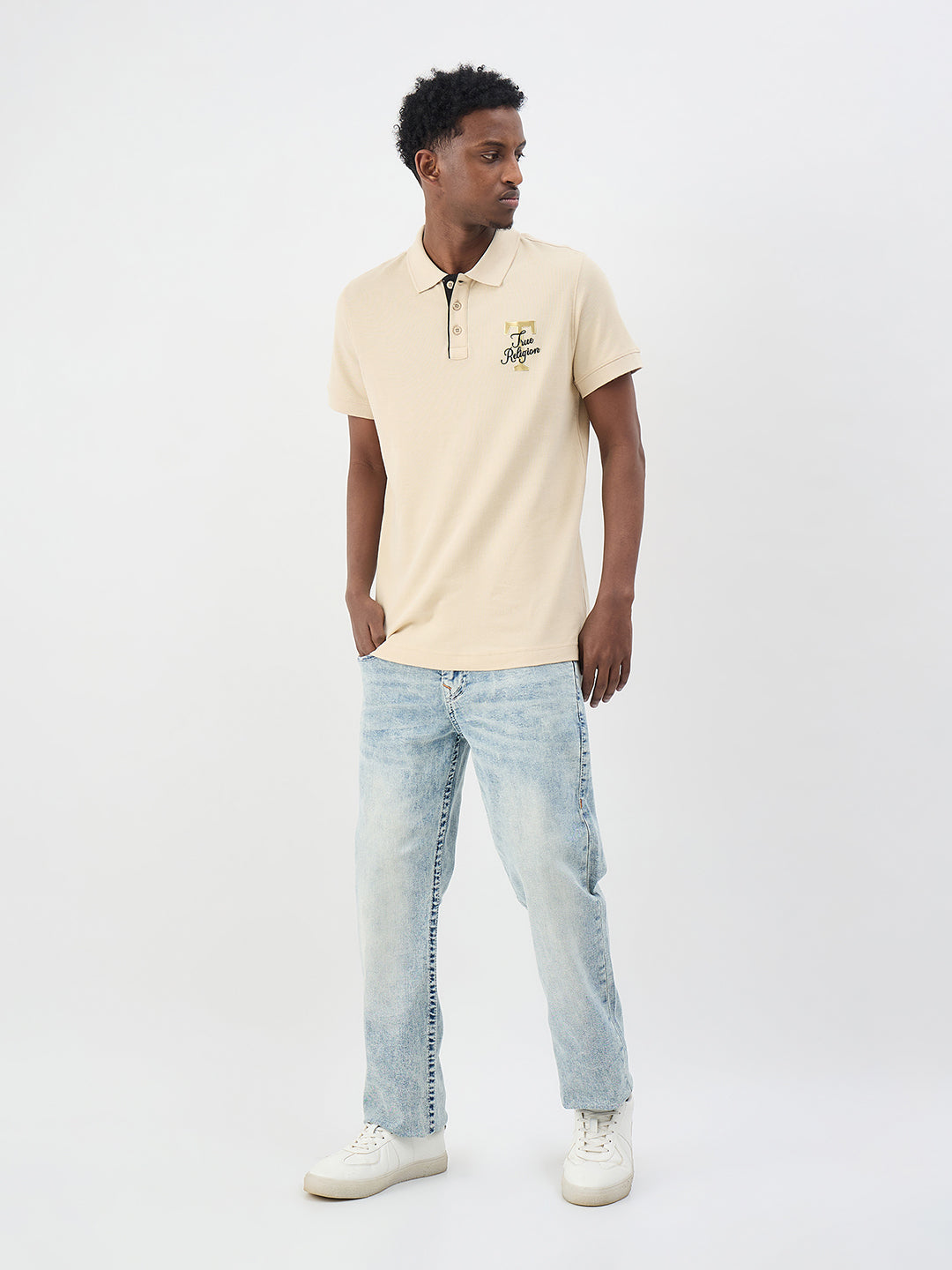 True Religion Men Solid Beige Polo T-Shirt