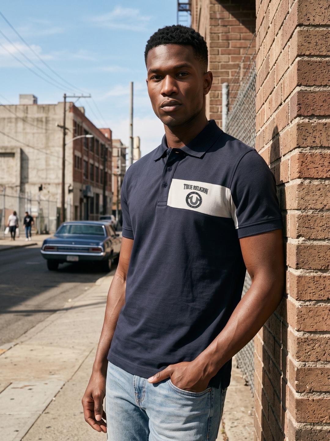 True Religion Men Navy Solid Regular Fit Polo T-Shirt