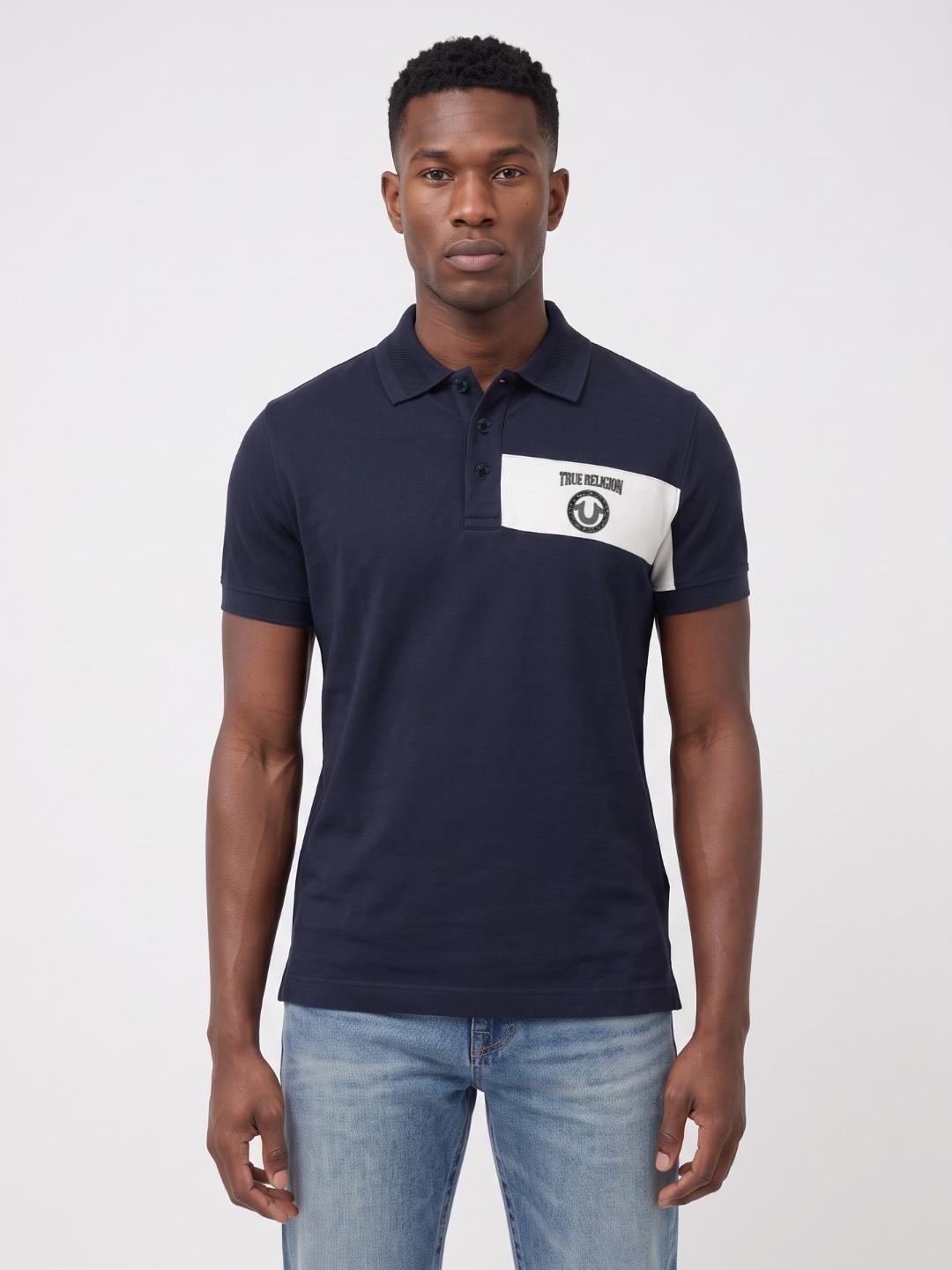True Religion Men Navy Solid Regular Fit Polo T-Shirt