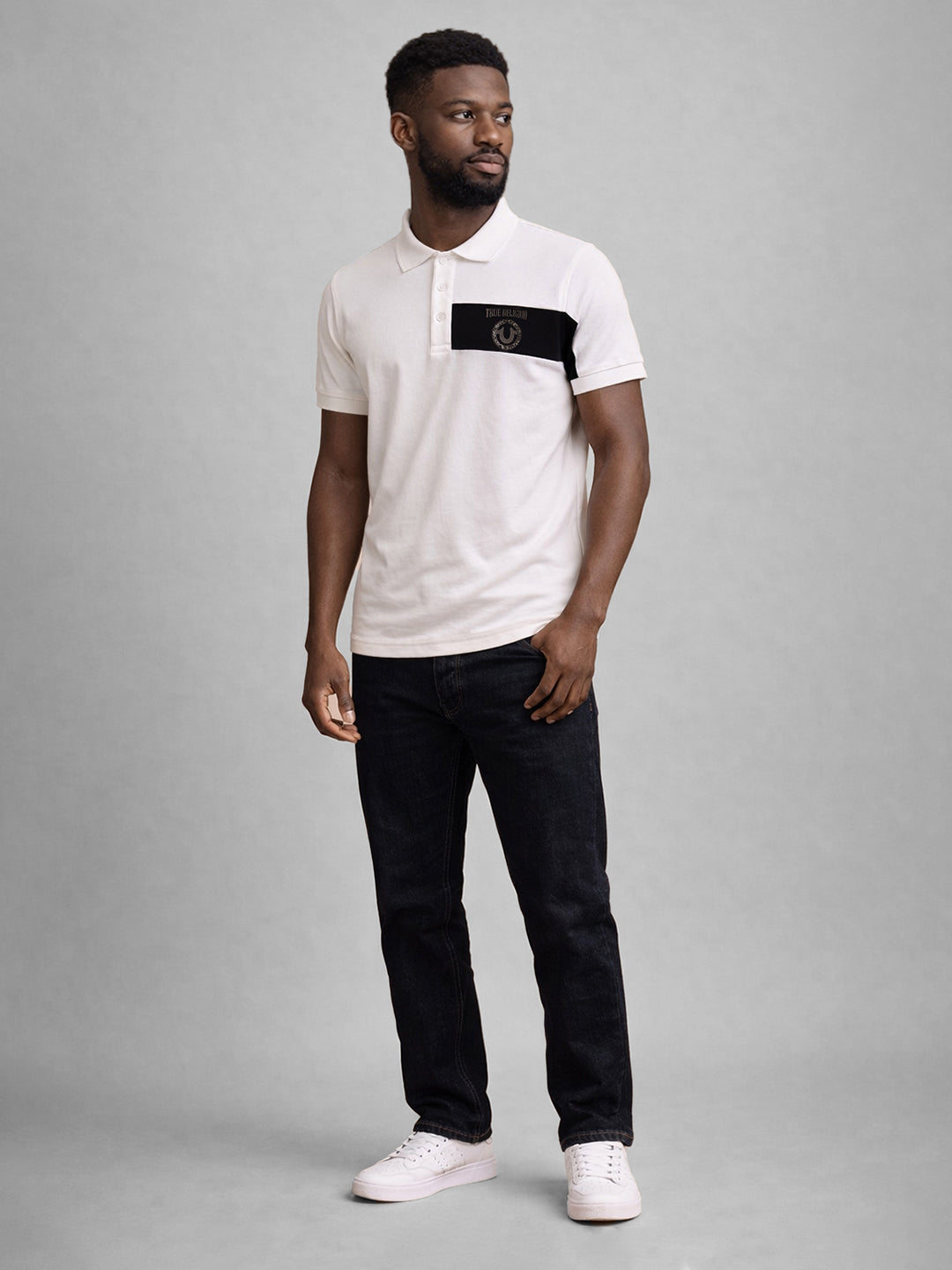 True Religion Men Cream Colourblocked Polo T-Shirt