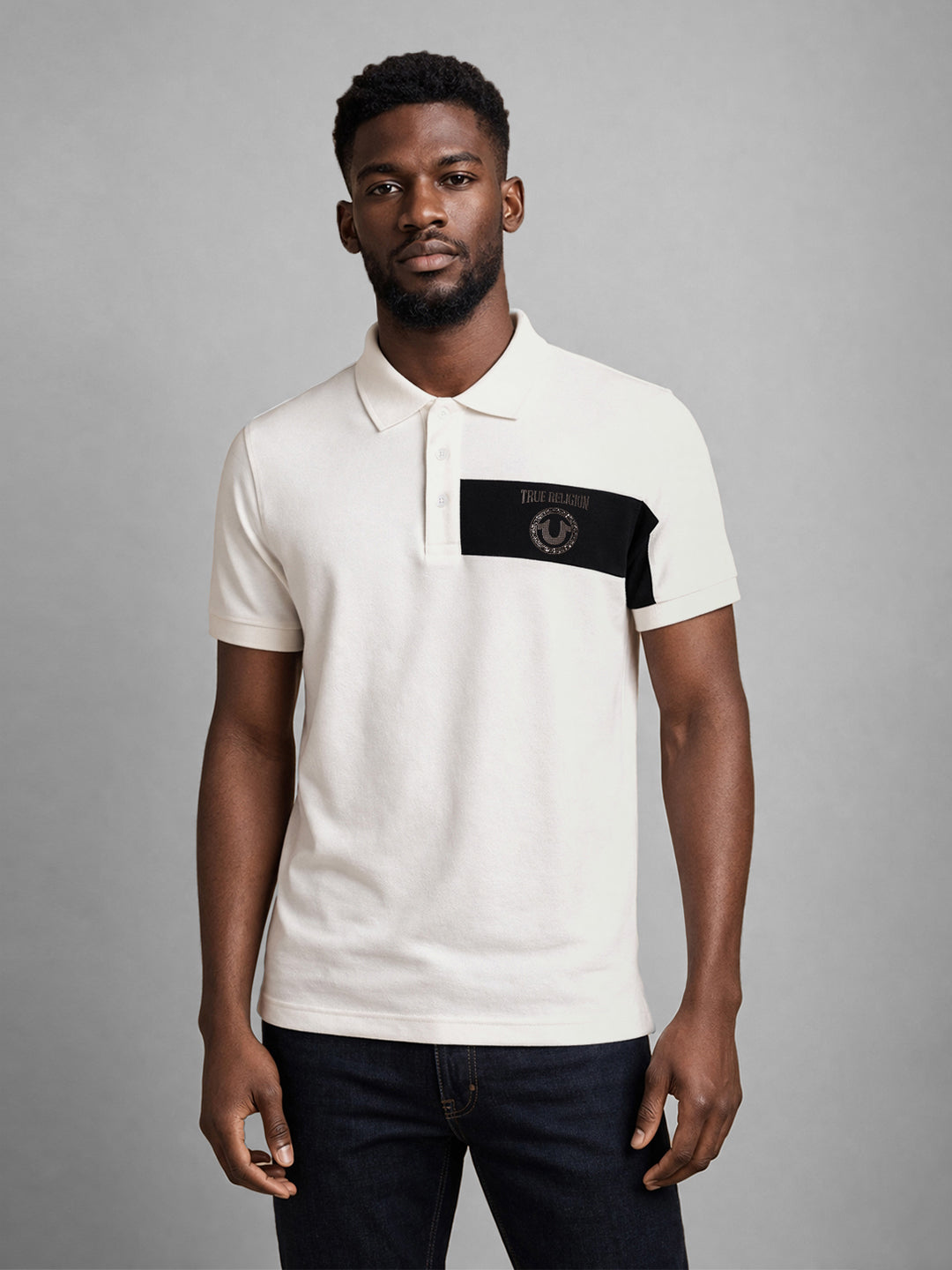 True Religion Men Cream Colourblocked Polo T-Shirt