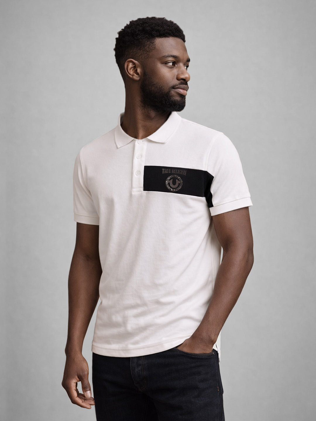 True Religion Men Cream Colourblocked Polo T-Shirt