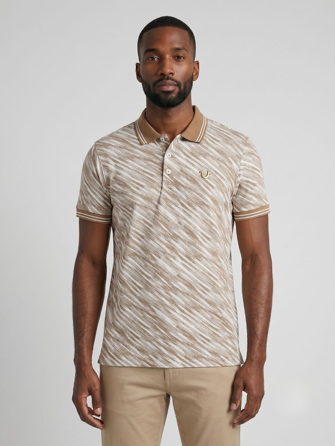 True Religion Men Beige Striped Regular Fit Polo T-Shirt