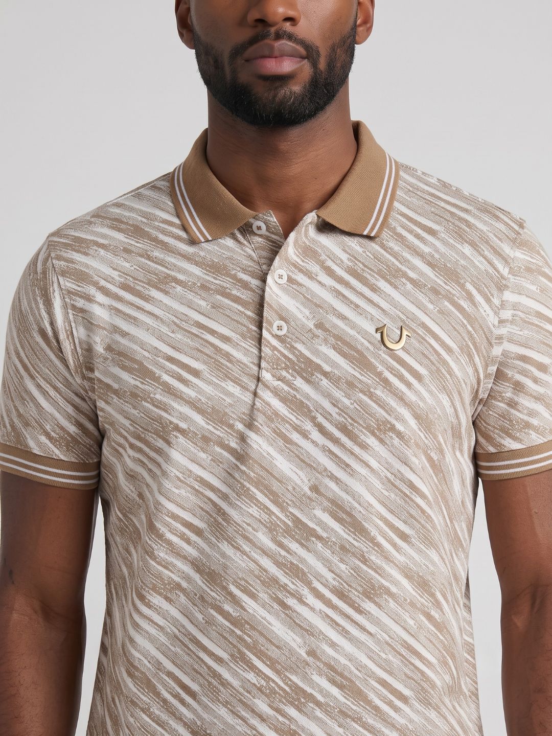 True Religion Men Beige Striped Regular Fit Polo T-Shirt