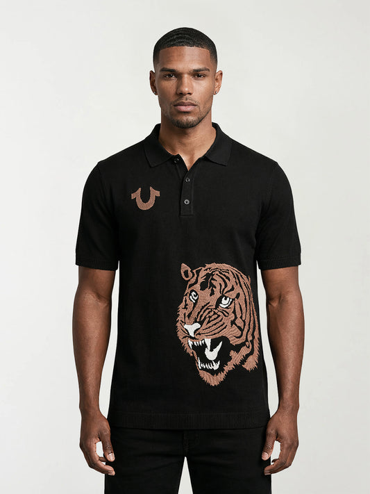 True Religion Men Black Embroidered Polo T-Shirt