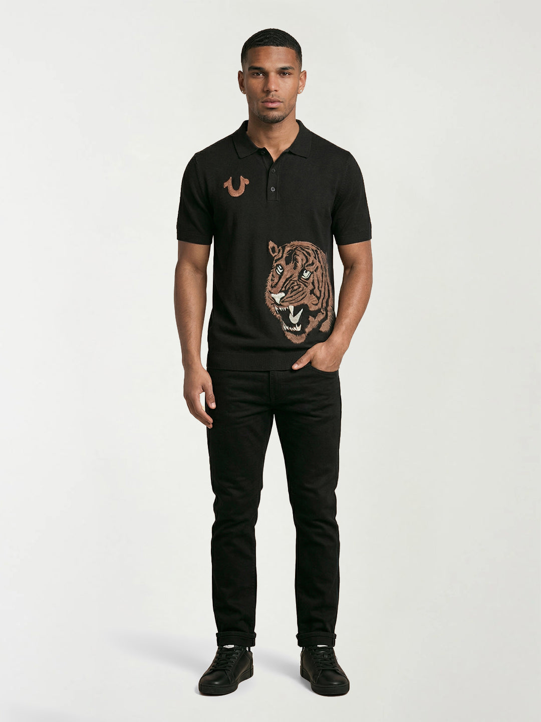 True Religion Men Black Embroidered Polo T-Shirt