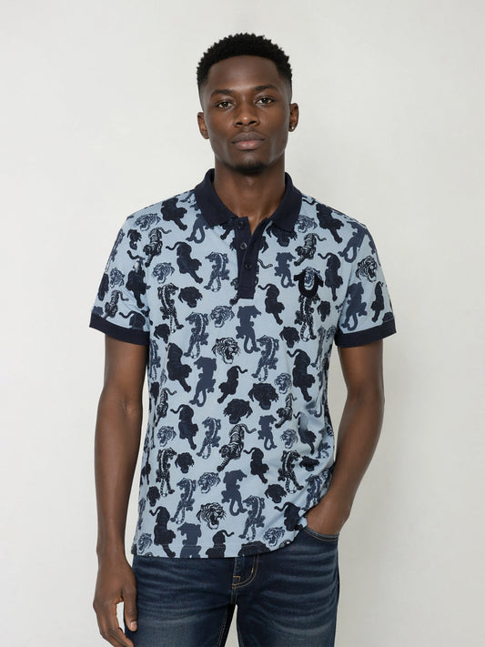 True Religion Blue Cotton Printed Men Polo Tshirt