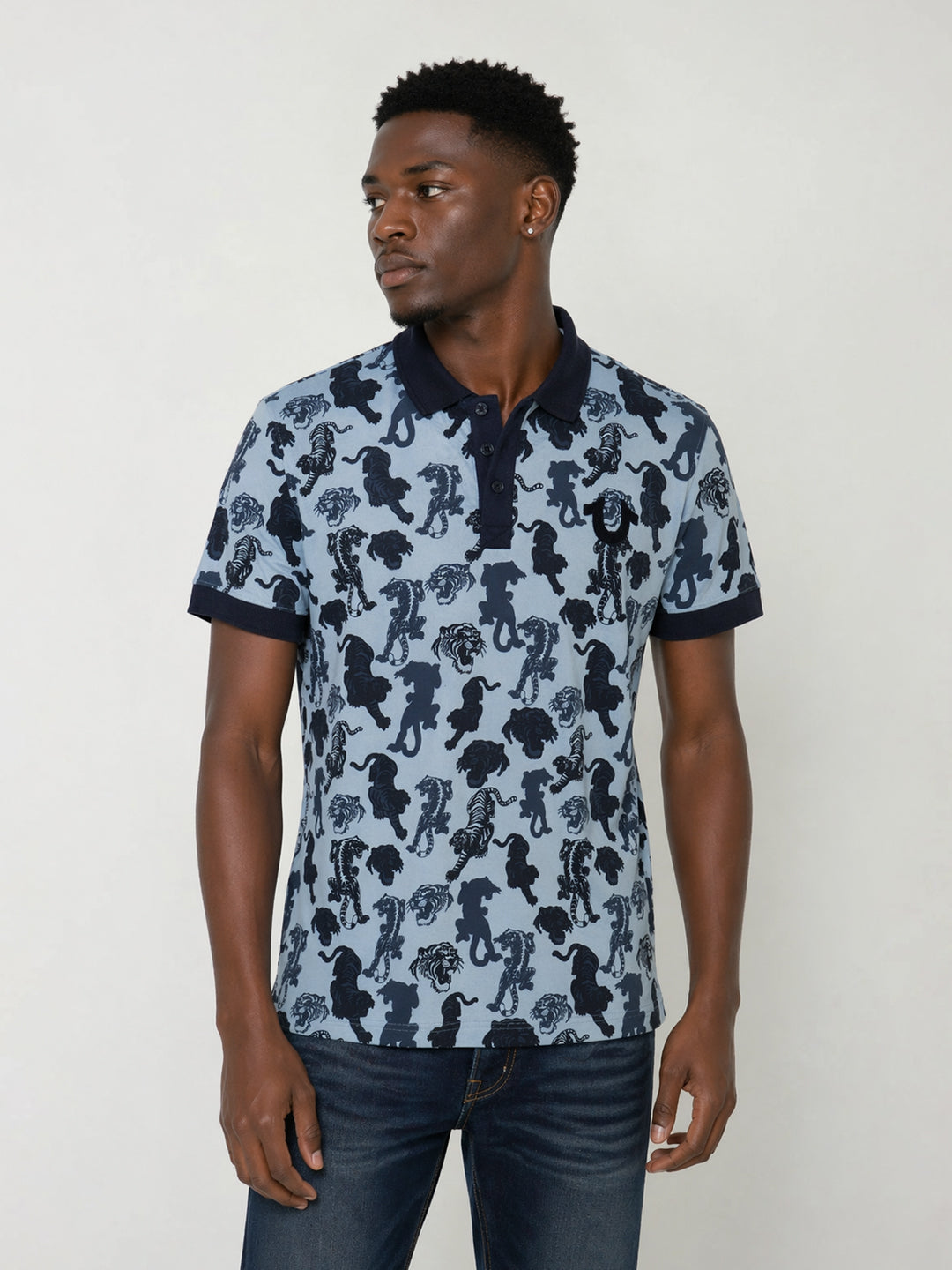 True Religion Blue Cotton Printed Men Polo Tshirt