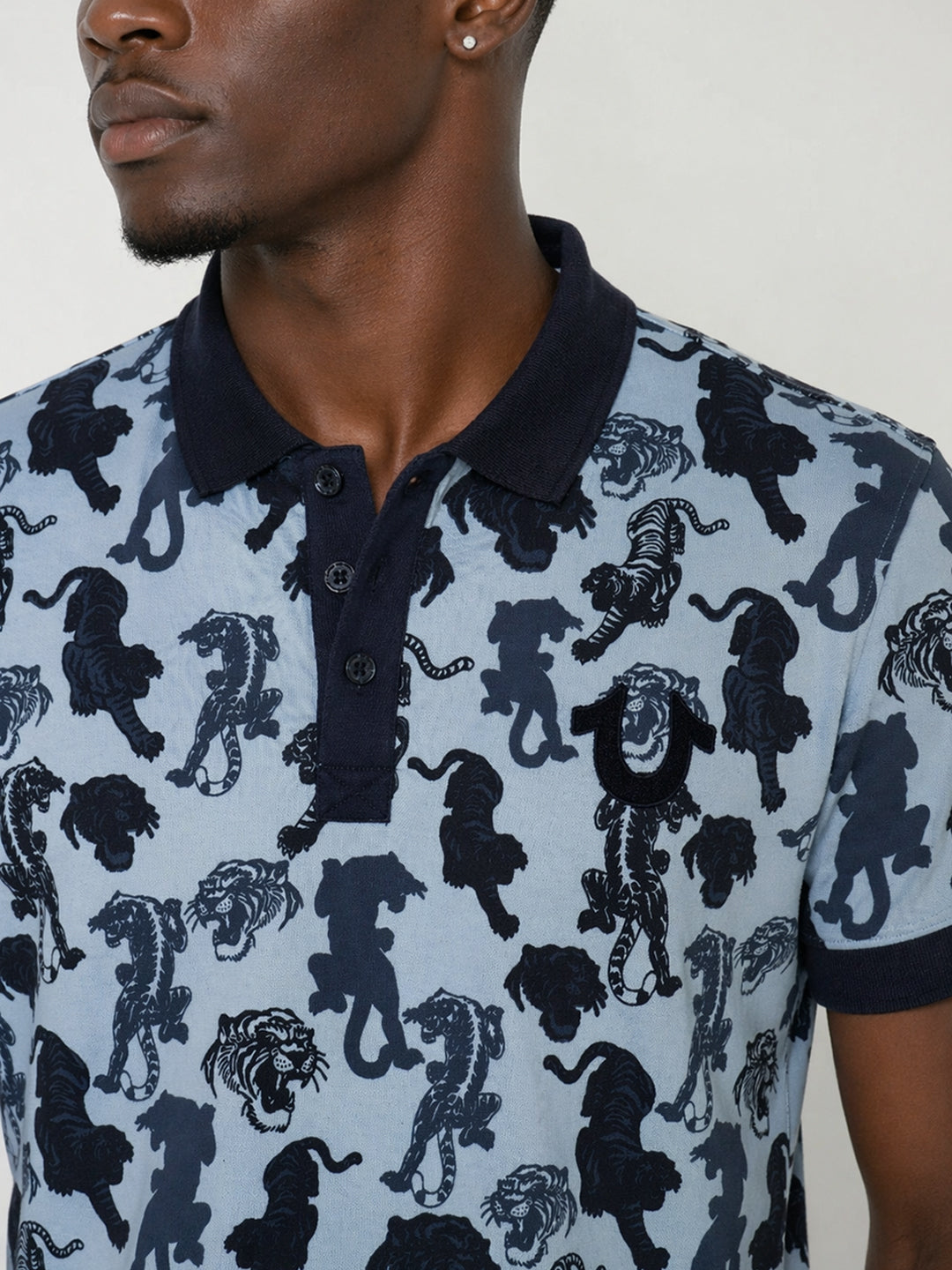 True Religion Blue Cotton Printed Men Polo Tshirt