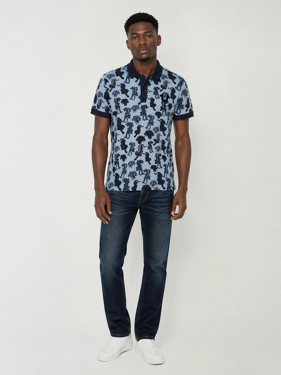 True Religion Blue Cotton Printed Men Polo Tshirt
