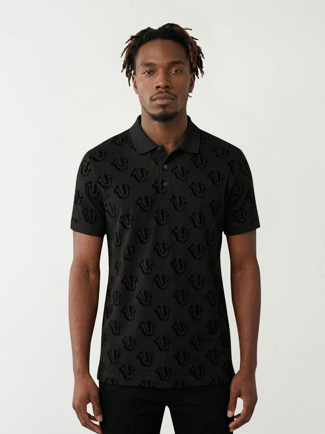 True Religion Men Black Printed Polo T-Shirt