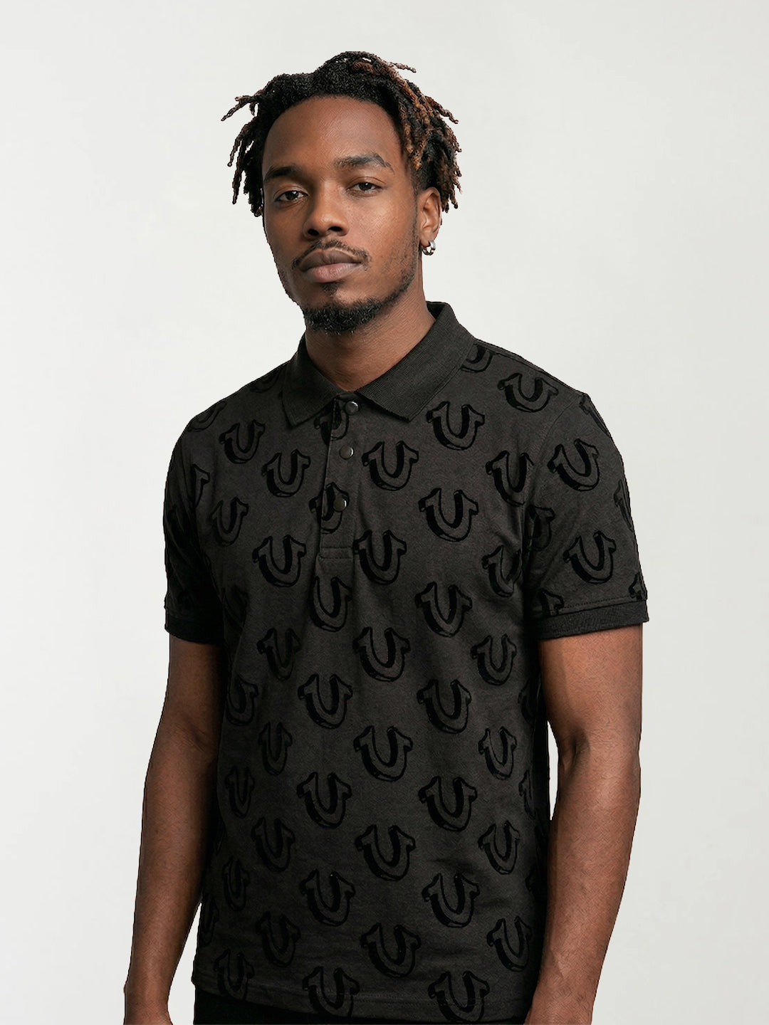 True Religion Men Black Printed Polo T-Shirt