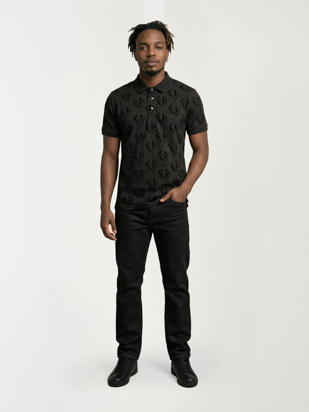 True Religion Men Black Printed Polo T-Shirt