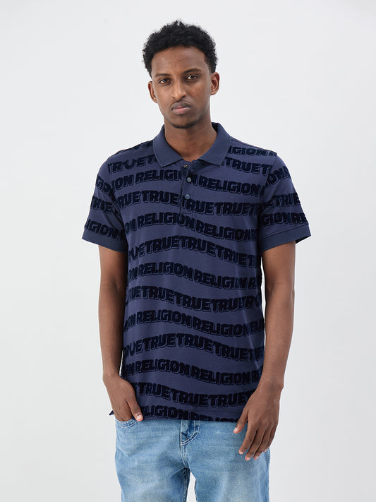 True Religion Men Printed Indigo Blue Polo T-Shirt