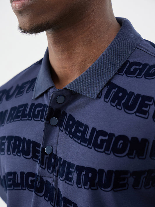 True Religion Men Printed Indigo Blue Polo T-Shirt