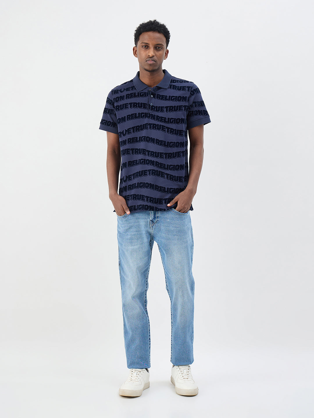True Religion Men Printed Indigo Blue Polo T-Shirt